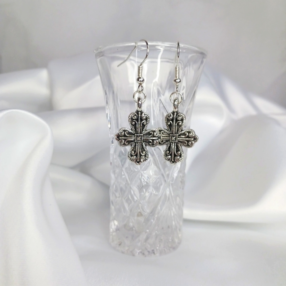Large Chunky Silver Ornate Cross Earrings.
